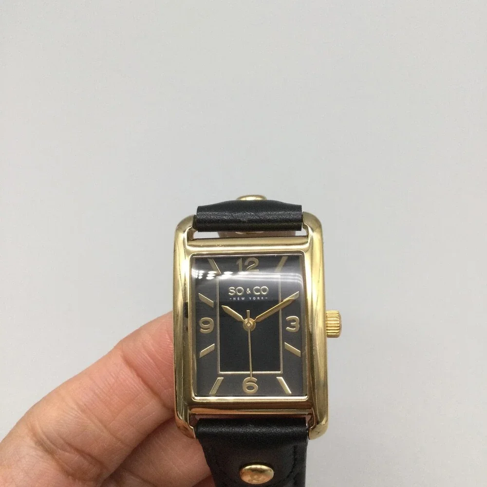 SO&CO New York Womens Watch 25mm Black Dial Gold Tone Leather Strap New Battery